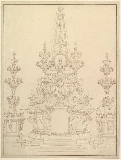 Elevation of a Catafalque: Two Pedestals with Candelabra at Sides; with Central Obelisk Surrounded by Candelabra.Verso: Sketch of architecture: archway and corner with pillars.