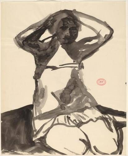 Untitled [woman sitting on knees with hands behind head]