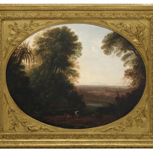 Evening: A Wooded Landscape by a Lake, with Cattle and a Reclining Figure in the Foreground