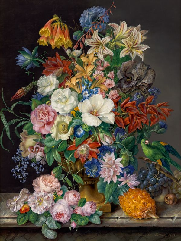 Flowers with a Pineapple, Grapes and a Parrot