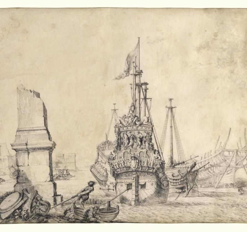A ship in a port near a ruined obelisk