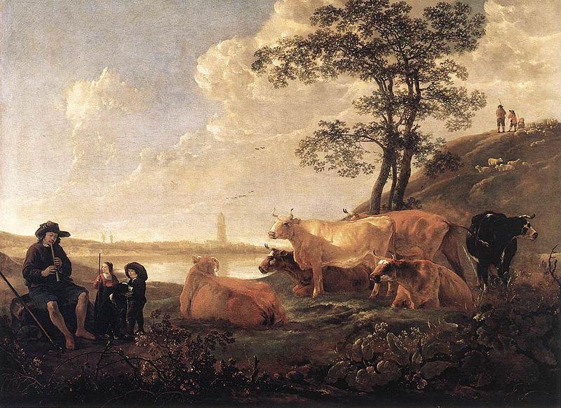 Landscape near Rhenen: Cows Grazing and a Shepherd Playing the Flute