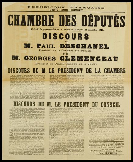 REPUBLIQUE FRANCAISE/ LIBERTE - EGALITE - FRATERNITE/ CHAMBRE DES DEPUTES/ Extrait du procès-verbal de la séance du Mercredi 11 décembre 1918.
