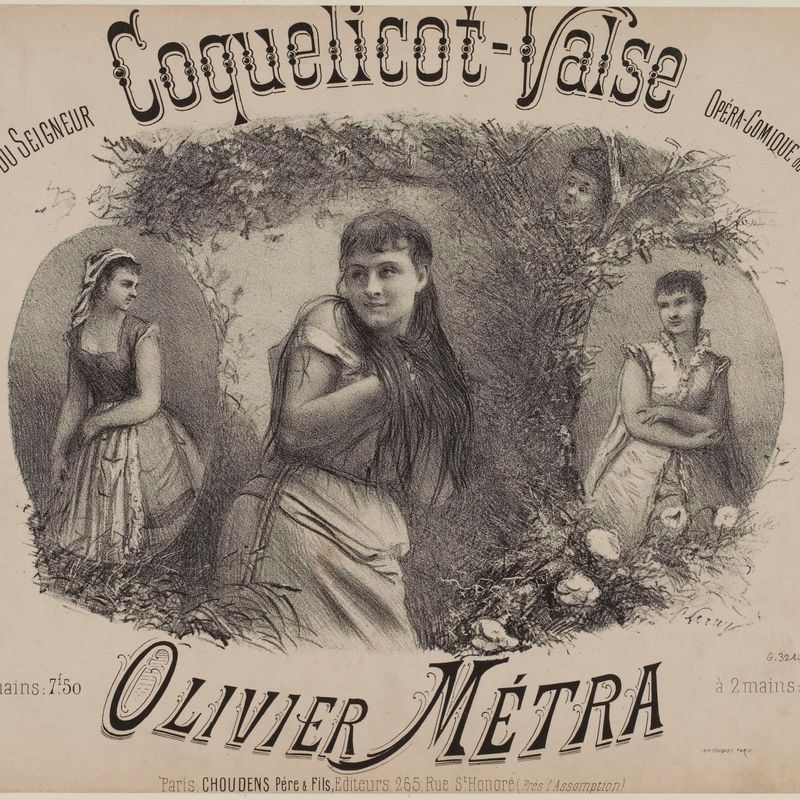 "Coquelicot-Valse" ("Le droit du seigneur"), page de titre de partition, par O. Métra d'après Vasseur.