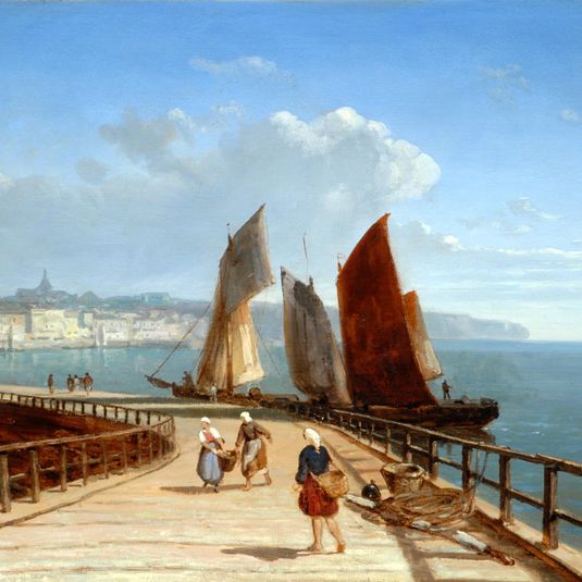 Pier with Fishing Boats:  Town in background