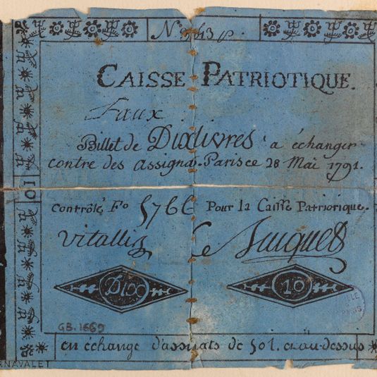 Billet de 10 livres, caisse patriotique du 28 mai 1791, n° 3613V, F° 5766, 28 mai 1791