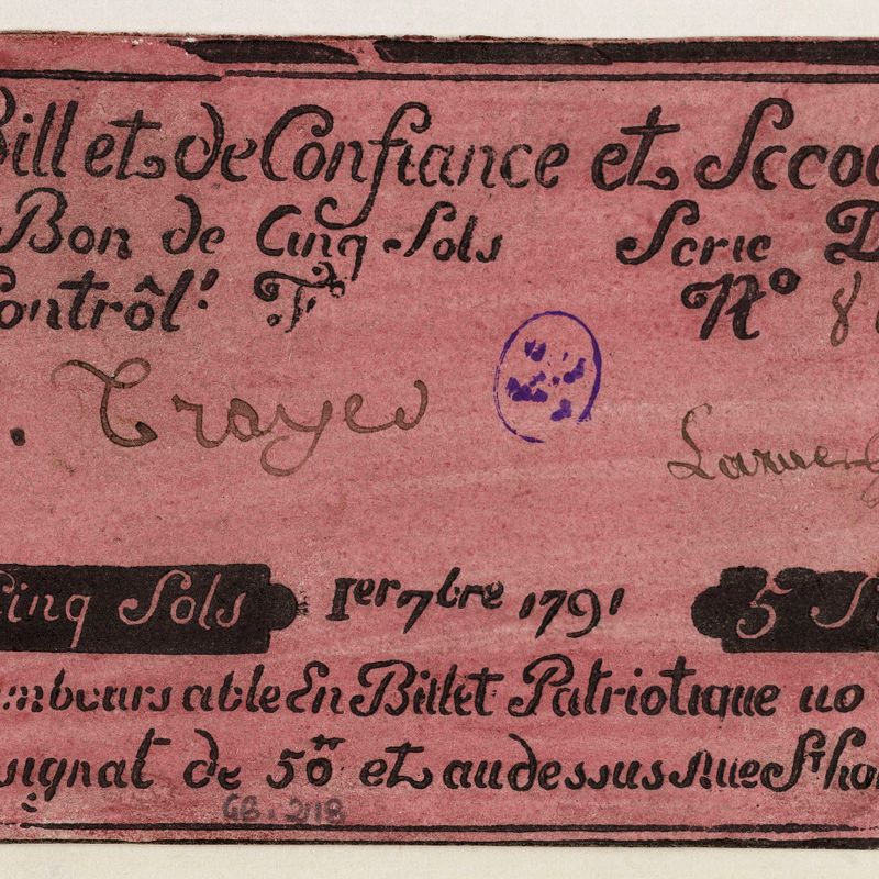 Billet de confiance et de secours de 5 sols, caisse de confiance du 695 rue Saint-Honoré, série D, n° 803, 1er 7bre 1791