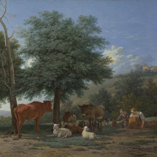Farm Animals in the Shade of a Tree, with a Boy and a Sleeping Herdswoman