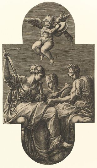 Three Muses and a Putto with Cymbals, from a series of eight compositions after Francesco Primaticcio's designs for the ceiling of the Ulysses Gallery (destroyed 1738-39) at Fontainebleau