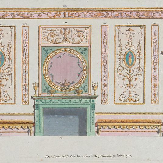Interior Ornamented Wall with Doors and Fireplace, nos. 344–350 ("Designs for Various Ornaments," pl. 52)