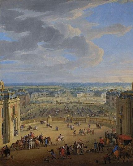 Vue perspective du château de Versailles sur la place d'Armes et les écuries
