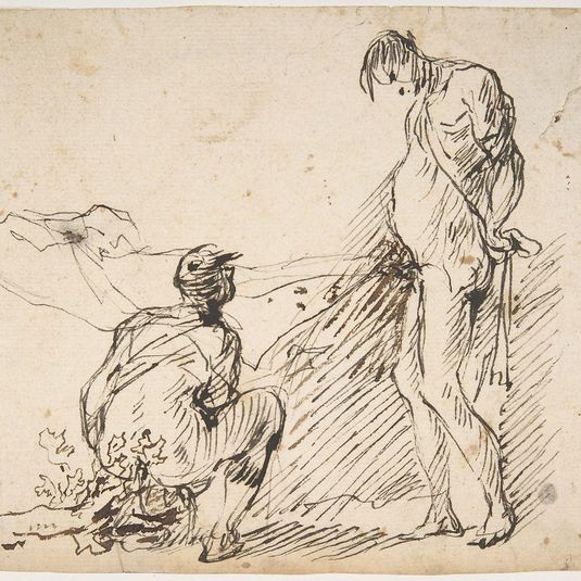 A Crouching Man Defecating and a Standing Man Urinating
