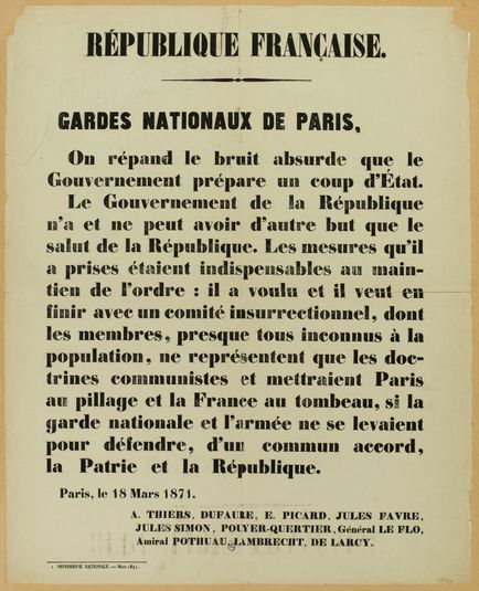 Message du Gouvernement aux Gardes Nationaux de Paris, le 18 mars 1871.