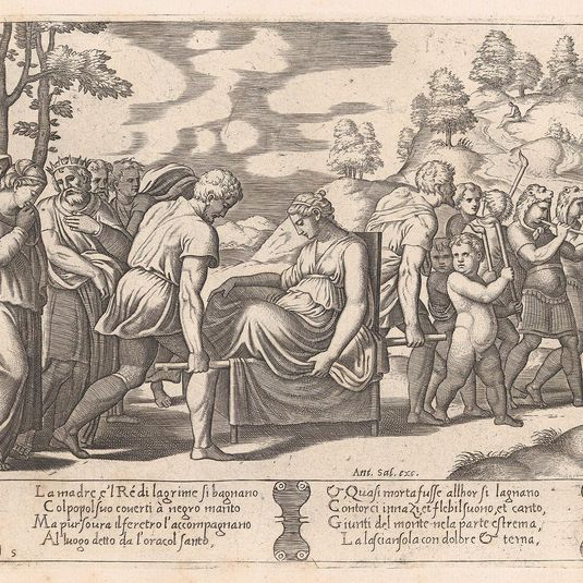Plate 5: Psyche, seated, being taken to a mountain with a musical troupe lead the way, from the Story of Cupid and Psyche as told by Apuleius