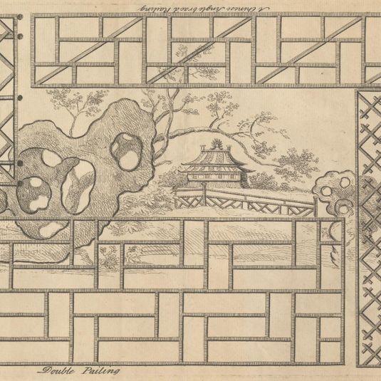 Architectural Designs incorporating Chinoiserie motifs: A Chinese Single Brac'd Railing. A Hedge. Double Pailing. Gate...
