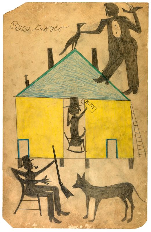 Untitled (Yellow and Blue House with Figures and Dog)
