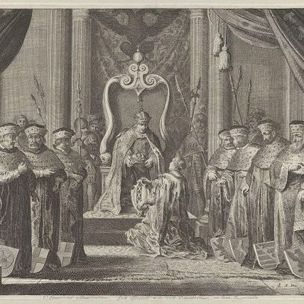 Plate 8: Emperor Maximilian II granting a crown to the coat of arms of Amsterdam, from Caspar Barlaeus, "Medicea Hospes"