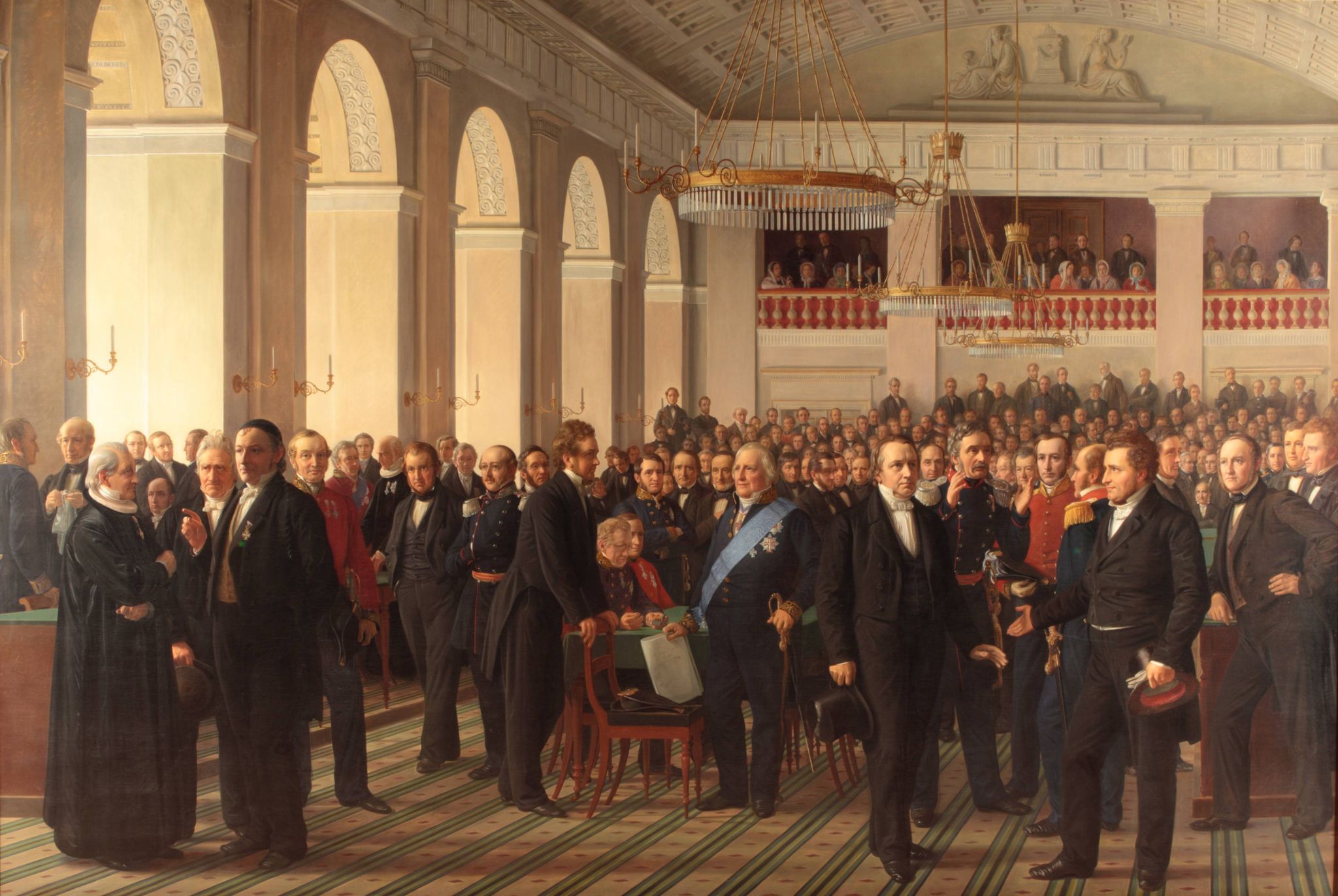 Portrætgruppe af den grundlovgivende rigsforsamling  i Rigsdagssalen på Christiansborg Slot 1848