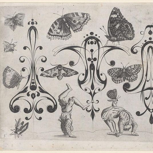 Blackwork Designs with Acrobats, Butterflies and Other Insects, Plate 3 from a Series of Blackwork Ornaments combined with Figures, Birds, Animals and Flowers