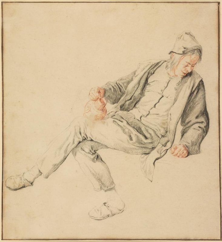 A Seated Peasant Looking Down to the Right, Holding a Pitcher