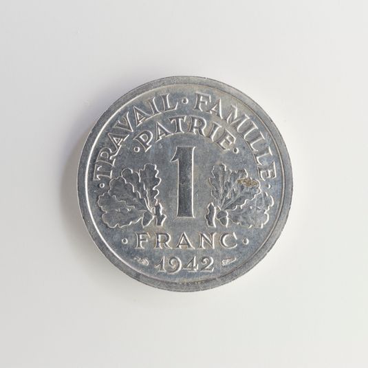 Pièce de 1 franc en aluminium de l'Etat français, 1942