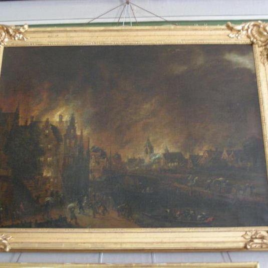 Målning: Stad med brinnande hus