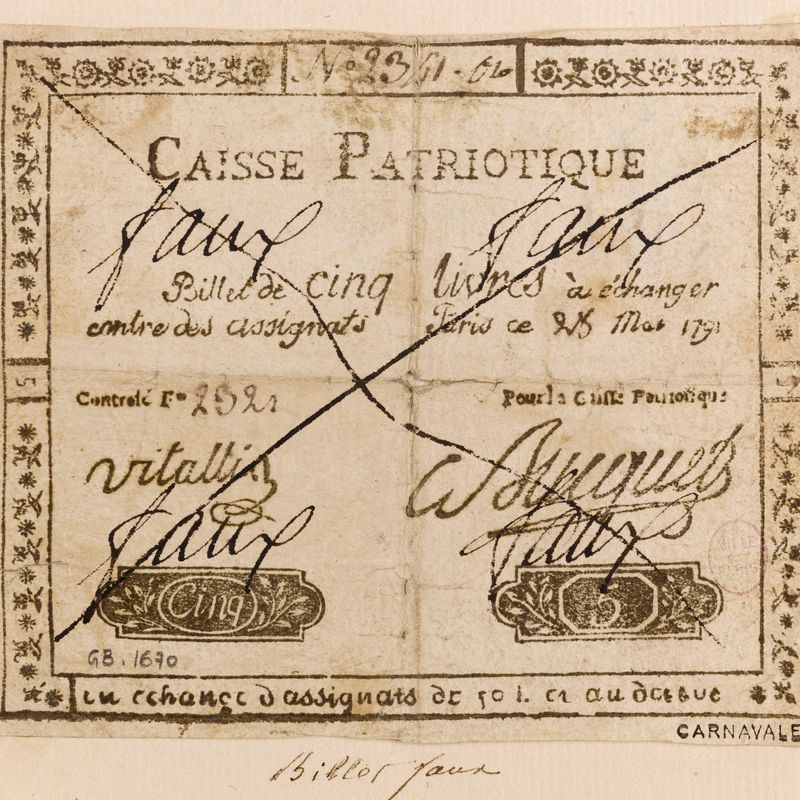 Billet de 5 livres, caisse patriotique du 28 mai 1791, n° 2341-(...), F° 2321, 28 mai 1791