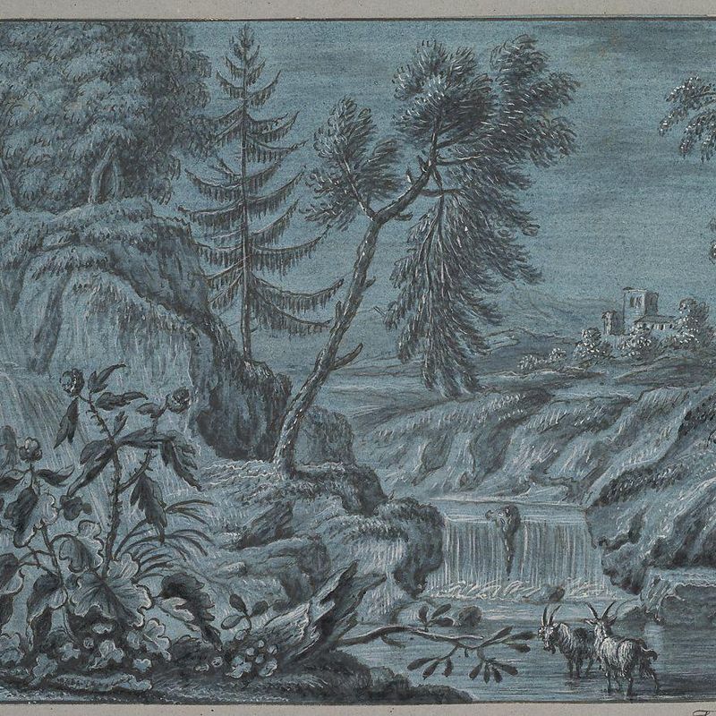 Southern Landscape with a Waterfall and Goats