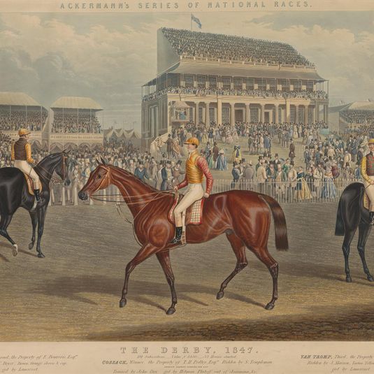 Racing: The Derby, 1847/... / Cossack, Winner, the Property of T. H. Pedley, Esq. Ridden by S. Templeman. / Orange, Scarlet sleeves and cap. / Trained by John Day... [above print] Ackermann's Series of National Races No.1...