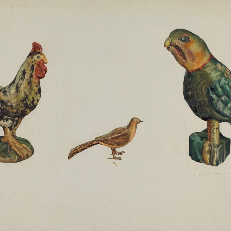 Wooden Rooster, Pheasant, and Parrot