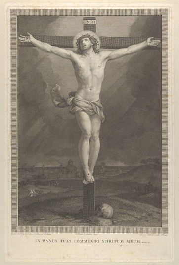 Christ crucified on the cross, a skull at the base, buildings in the background, after Reni