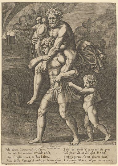 Aeneas carrying Anchises on his shoulders while Troy burns in the background