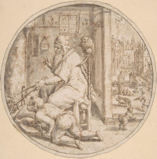 December: And Old Man Seated by a Hearth with a Young Man Blowing on the Fire