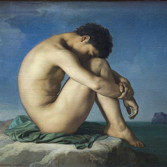 Nude Youth Sitting by the Sea. Figure Study