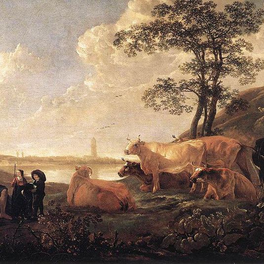 Paysage près de Rhenen : vaches au pâturage et berger jouant de la flûte