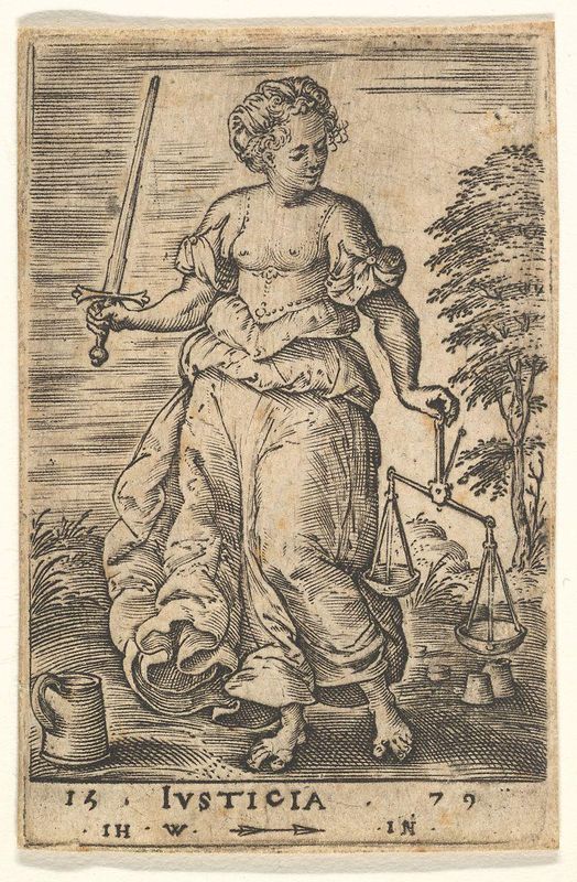 Justice, an allegorical figure holding a balance in her left hand and a sword in her right, from the series 'The Seven Virtues and Knowledge'