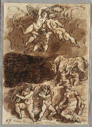 Three Putti with Garland; Romulus and Remus Breastfeeding from She-Wolf; Two Putti Playing Cymbals
