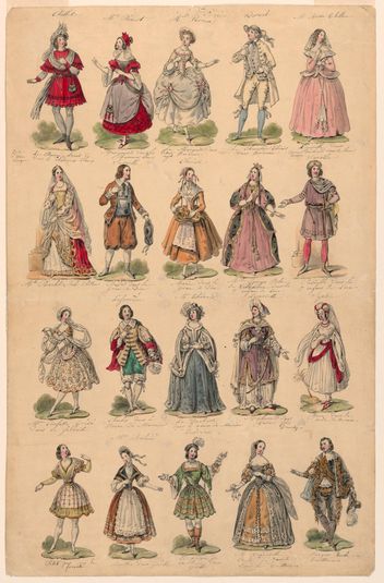 Design for a Print with Twenty Theatrical Costumes Worn in Paris Performances
