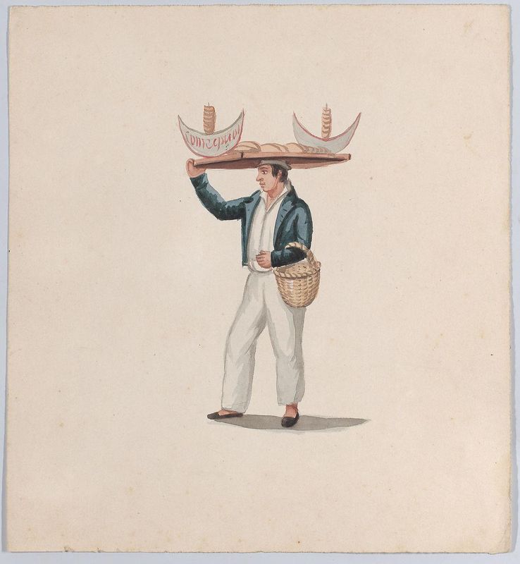A tortilla vendor balancing a tray on his head, from a group of drawings depicting Peruvian costume