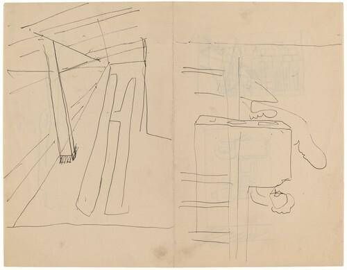 Two Figures behind a Railing, Room Interior with Beam [recto]