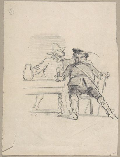 Two male figures seated at a table, drinking