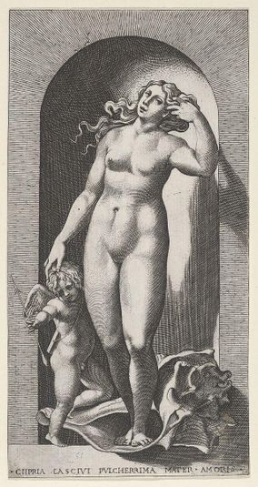 Plate 10: Venus in a niche, standing on a conch shell, with Cupid to her right, from a series of mythological gods and goddesses