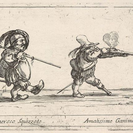 Callot figures; a dwarf man with a spear at left walking towards the right, another dwarf man with a pegleg firing a musket at right, 'Six grotesques' (Six pièces de figures grotesques)