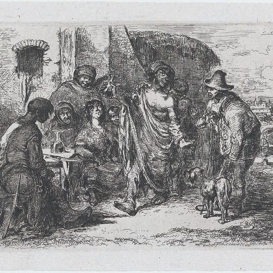 Plate 5: a drunk and dishevelled man dancing in the street surrounded by a group of onlookers, from the series of customs and pastimes of the Spanish people