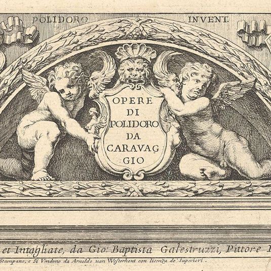 Titeplate to series of prints after Poloidoro, title on a shield supported by two putti