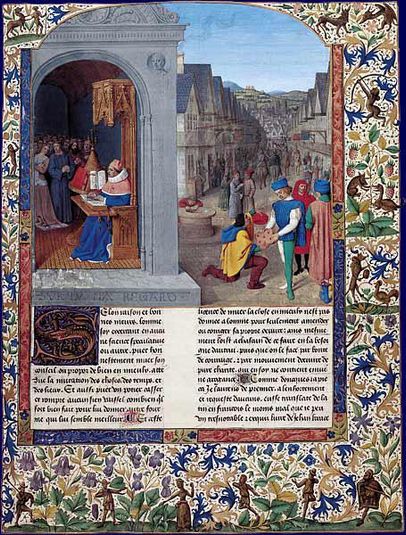 Boccaccio's De Casibus writing. A courier delivering Luvrs to Mainardo dei Cavalcanti Boccaccio