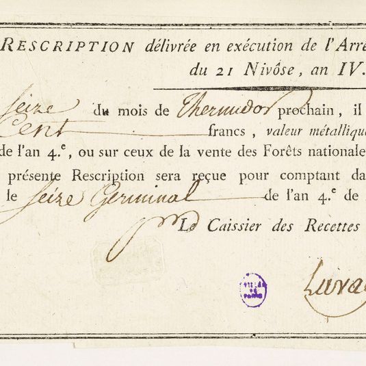 Rescription de 100 francs, trésorerie nationale, n° 56246, 26 germinal an 4
