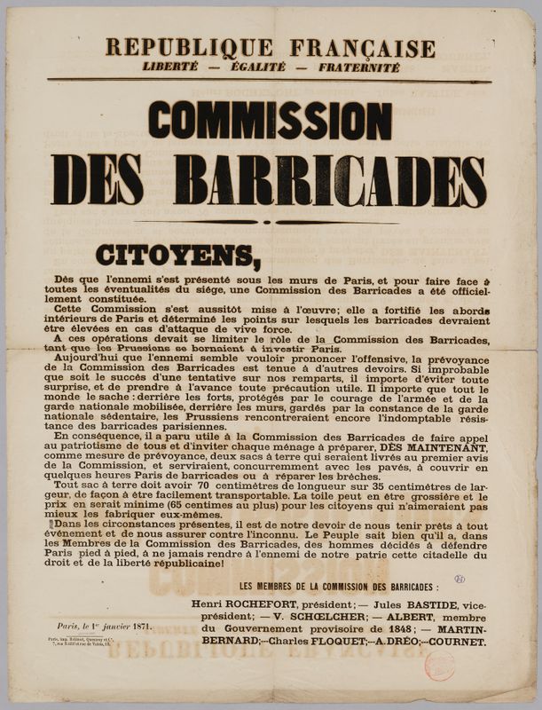 REPUBLIQUE FRANCAISE/ LIBERTE- EGALITE- FRATERNITE/ COMMISSION/ DES BARRICADES