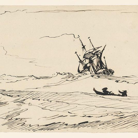 A Storm at Sea with a Large Ship and a Small Boat with Two Figures