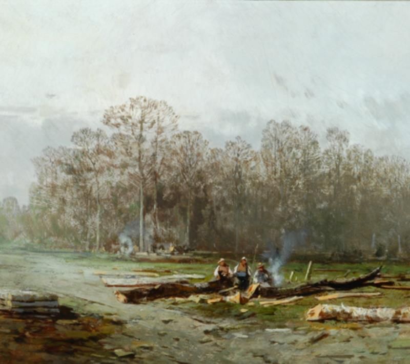 Misty Landscape with woodcutters around a fire